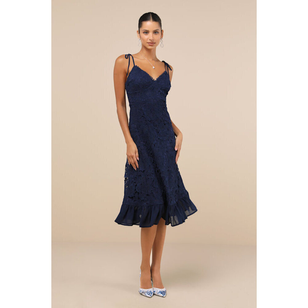 Lulus Compelling Sweetness Navy Blue Lace Tie-strap Midi Dress - Size XL